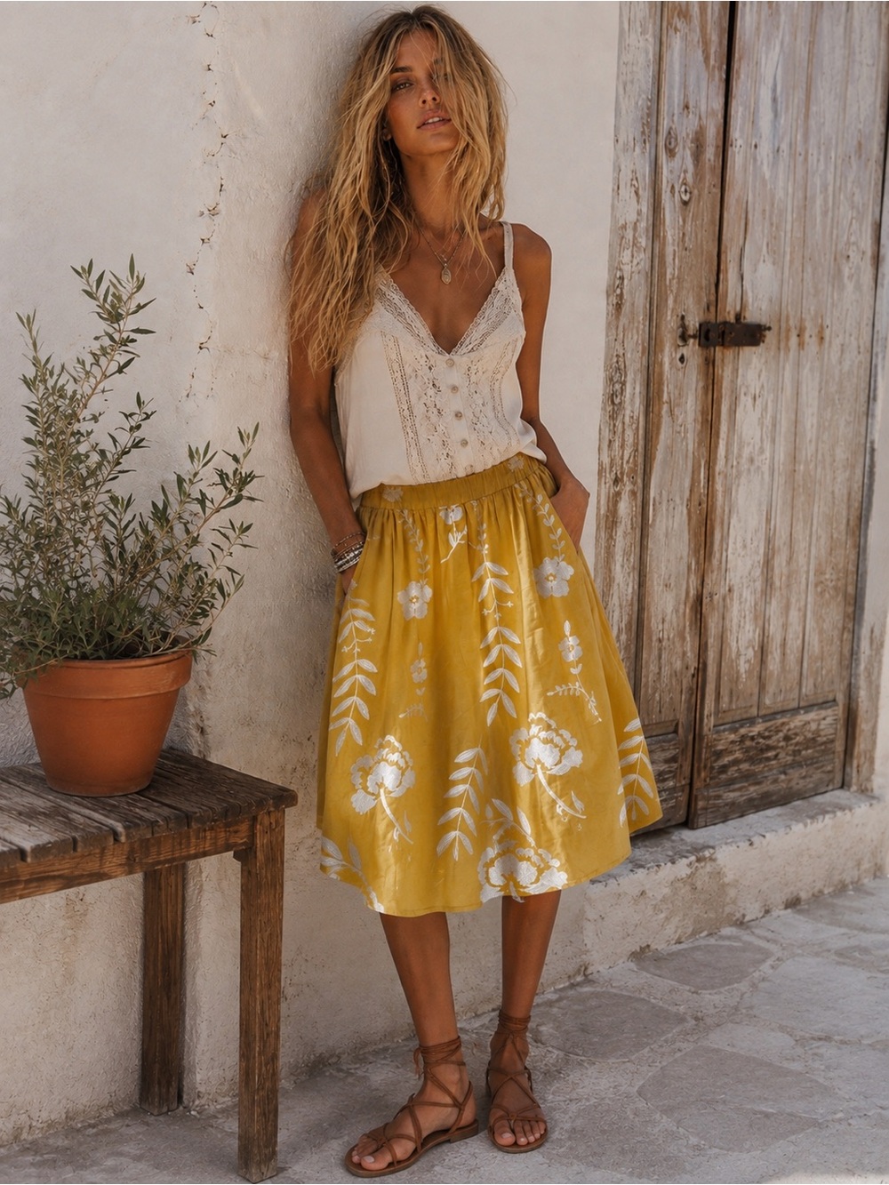 Solitaire New Size Larg Floral Midi Skirt in Mustard Yellow